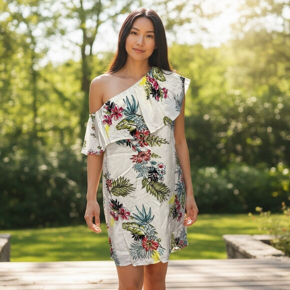 Staccato White Floral One-Shoulder Mini Dress Tropical Hawaiian Double Layer M - Picture 12 of 12